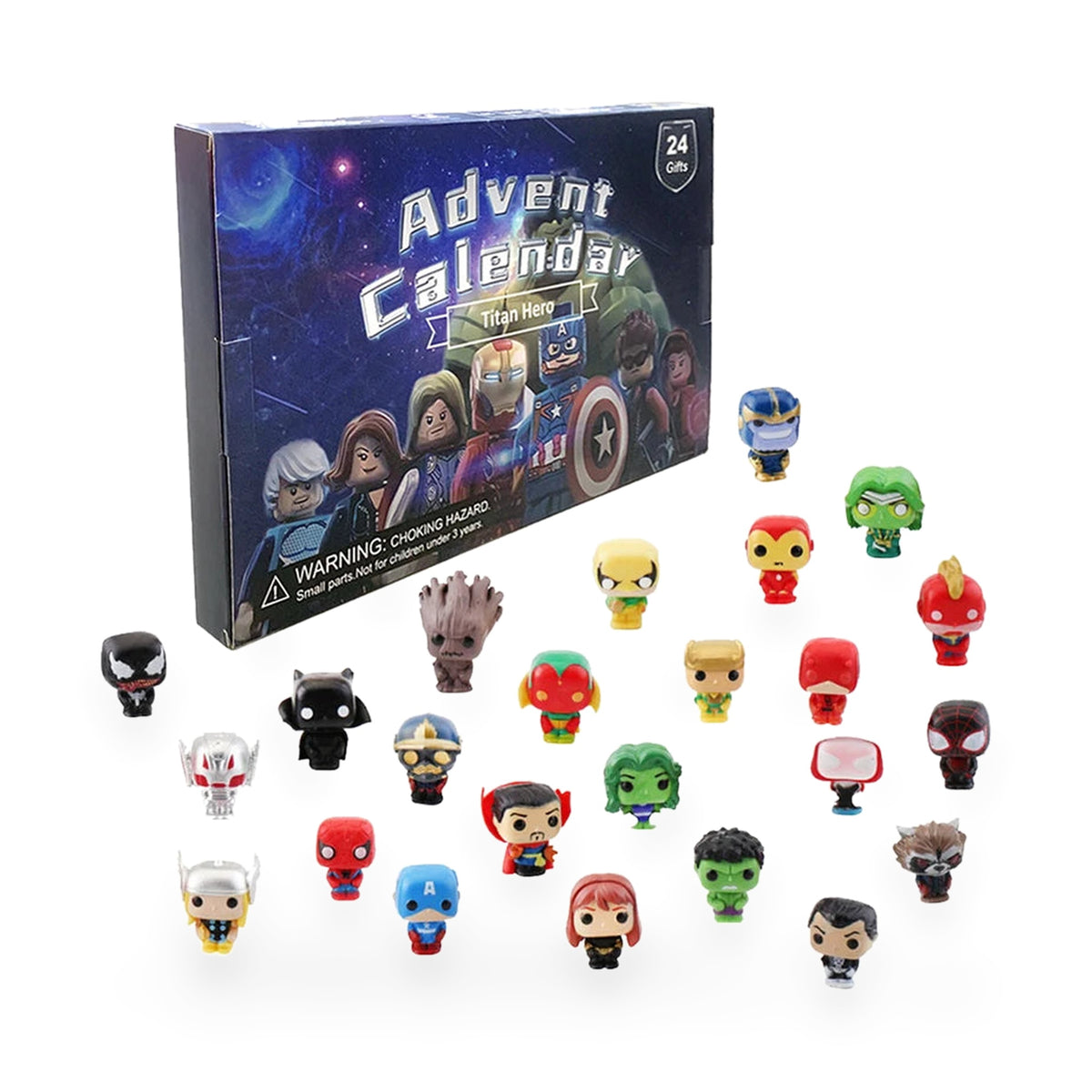 Avengers Adventskalender mit 24 Chibi-Figuren mit grossem Kopf vor der Titan-Hero-Box