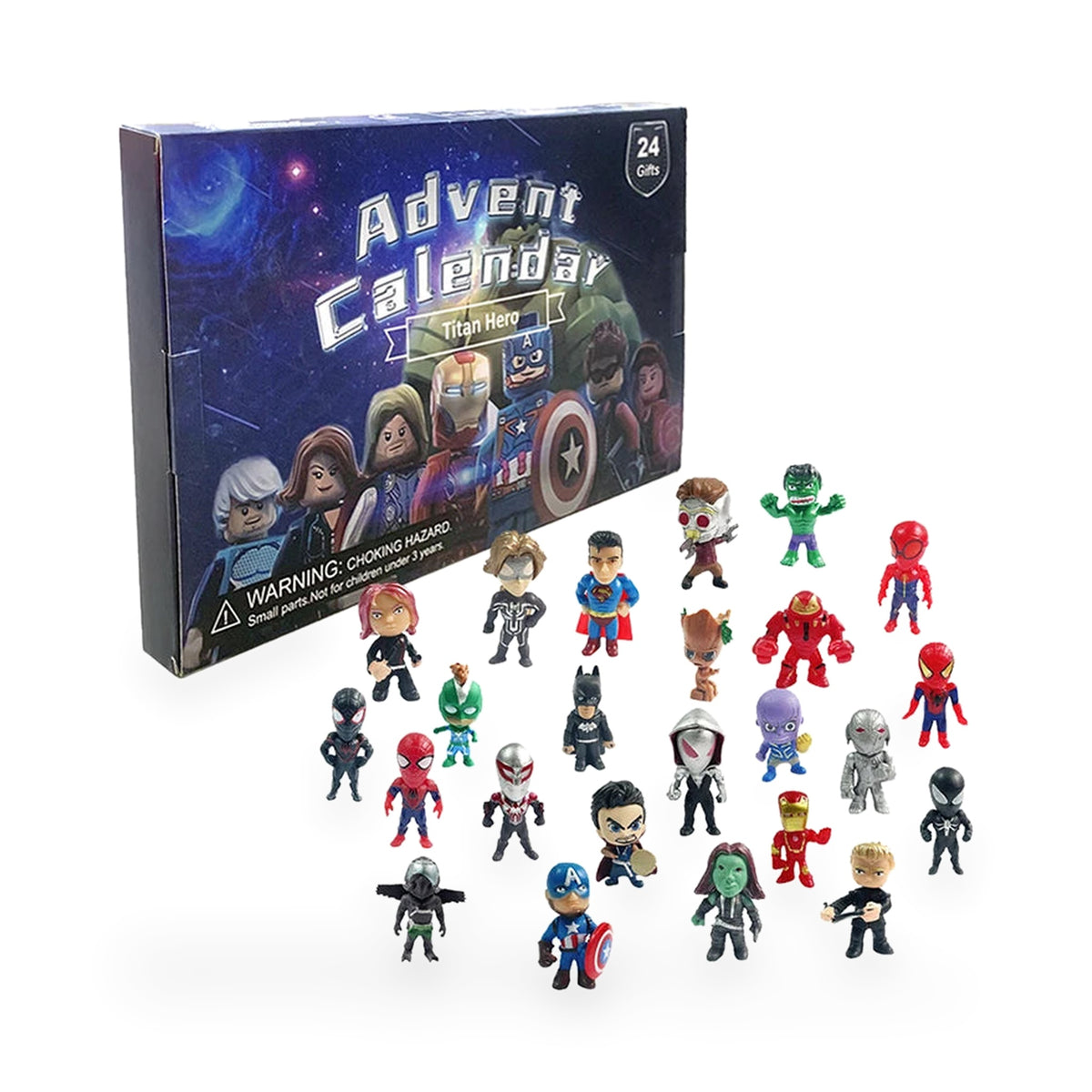 Marvel Adventskalender Titan Hero: dunkelblaue Box und 24 Mini-Figuren wie Spider-Man, Hulk und Captain America