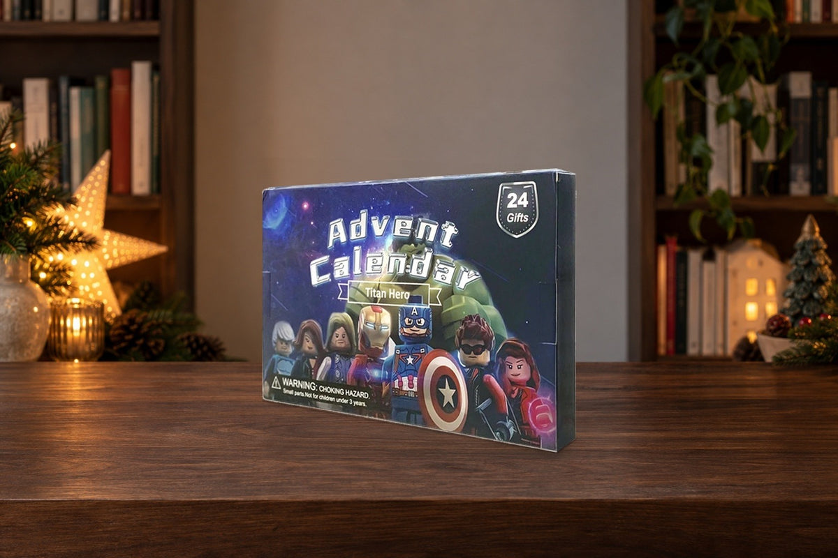 Marvel-Adventskalender für Chibi-Sammler im dunklen Bücherregal bei warmem Abendlicht und Leuchtstern