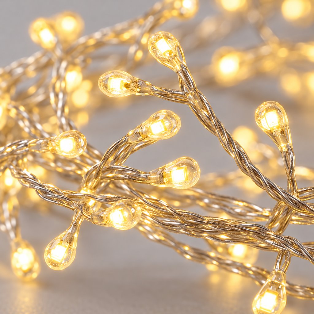 Nahaufnahme der warmweissen Micro-LED-Büschel einer Cluster Lichterkette auf feinem, silberfarbenem Draht