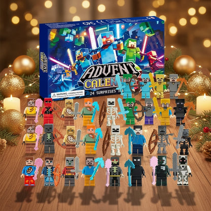 Minecraft Figuren Adventskalender 2025 mit 24 detaillierten Figuren in bunten Designs, darunter Helden, Monster und Kreaturen auf einem festlich dekorierten Hintergrund.