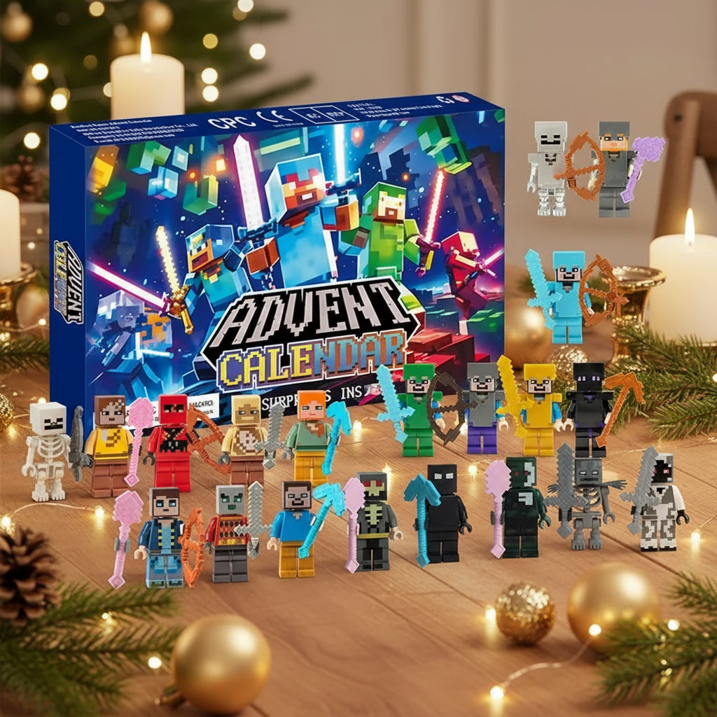 Minecraft Figuren Adventskalender 2025 präsentiert eine Auswahl von 24 kreativen Spielfiguren aus der beliebten Blockwelt, ideal für kleine Gamer und Sammler.