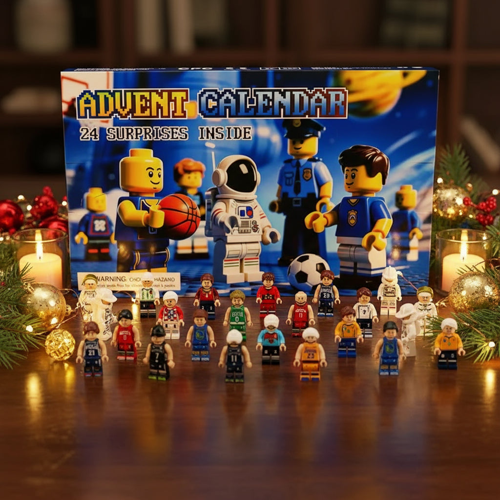 Detailaufnahme des NBA Basketball Adventskalender 2025, zeigt die exklusiven Minifiguren der bekanntesten Basketball-Stars.