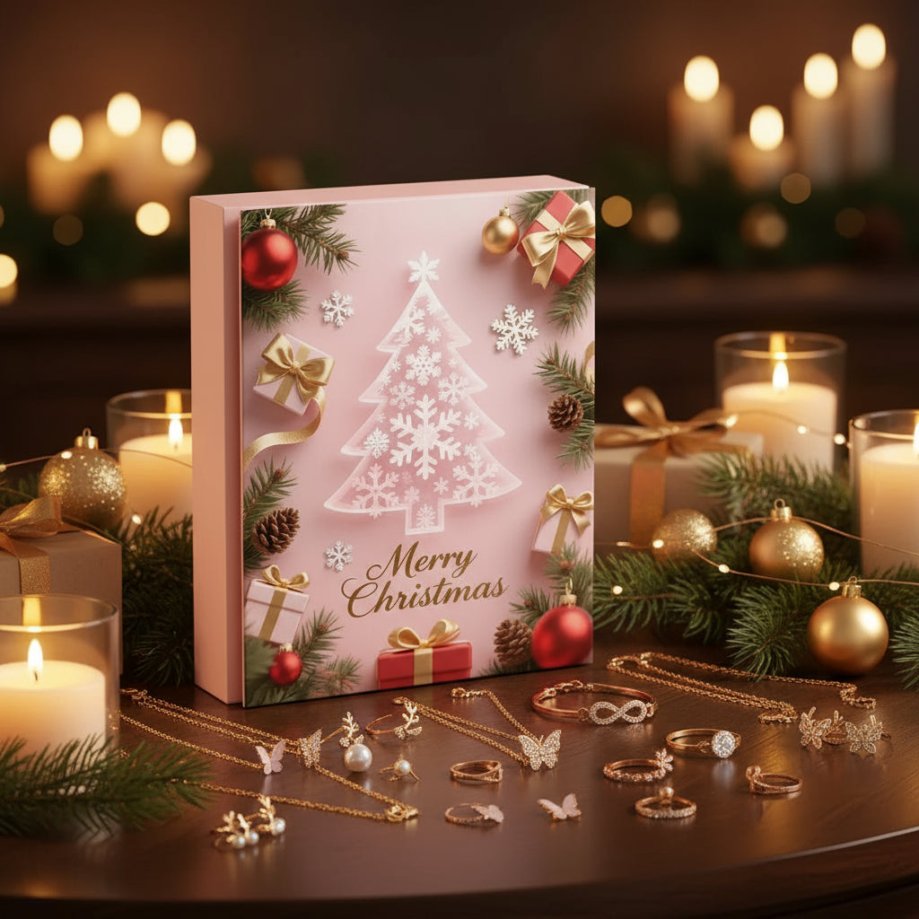 Schmuckstücke aus dem Edler Schmuck Adventskalender 2025 Pandora, einschließlich Halsketten, Ringen, Ohrringen und Armbändern. Perfekt für die festliche Weihnachtszeit.