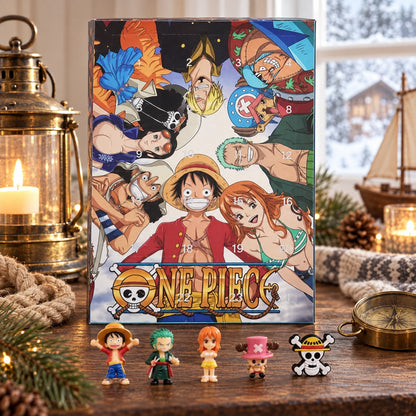 One Piece Adventskalender mit Box und fünf Mini-Figuren auf dem Holztisch