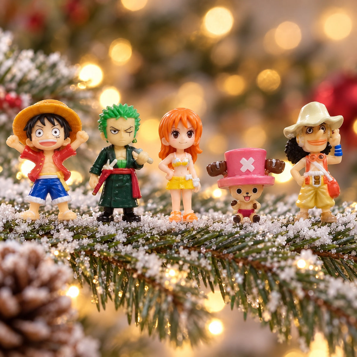 Nahaufnahme One Piece Mini-Figuren am verschneiten Tannenzweig