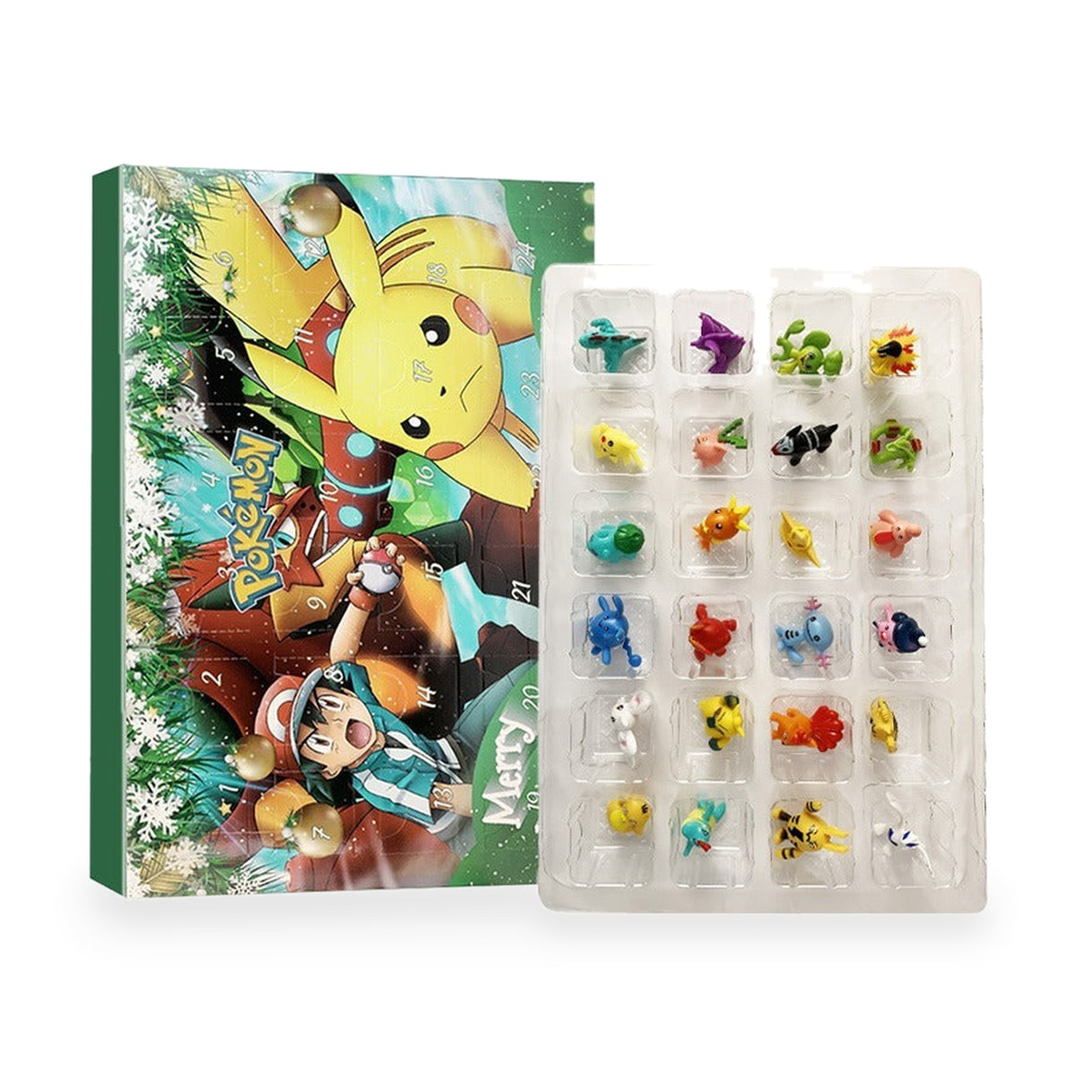 Pokémon-Kalender Motiv Grün Ash & Pikachu: grüne Box mit Ash und Pikachu im Schnee, daneben der Einsatz mit 24 Figuren