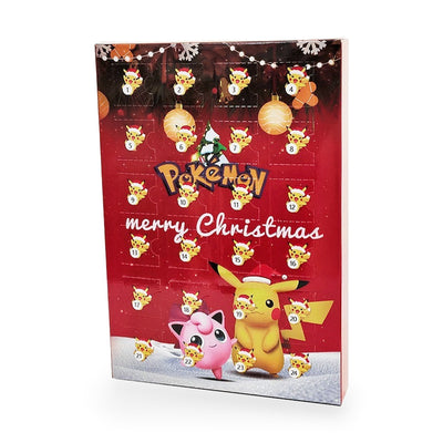 Pokémon Adventskalender 2026 Motiv Rot Pikachu & Pummeluff: rote Box mit Pikachu in Weihnachtsmütze und 24 Türchen