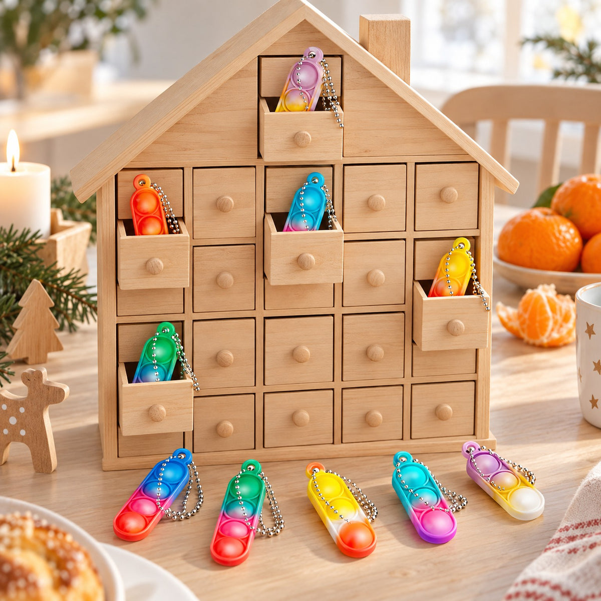 Pop-it Mini-Fidget-Anhänger in den Schubladen eines Holz-Adventskalenders