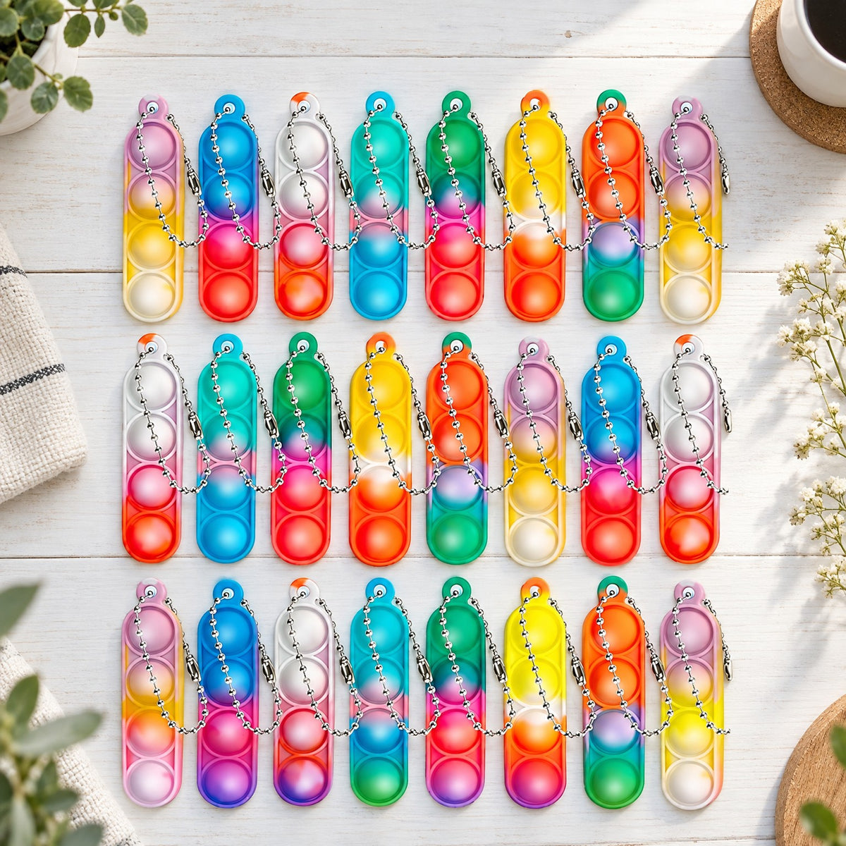 24 bunte Pop-it Mini-Fidget-Anhänger mit Kugelkette