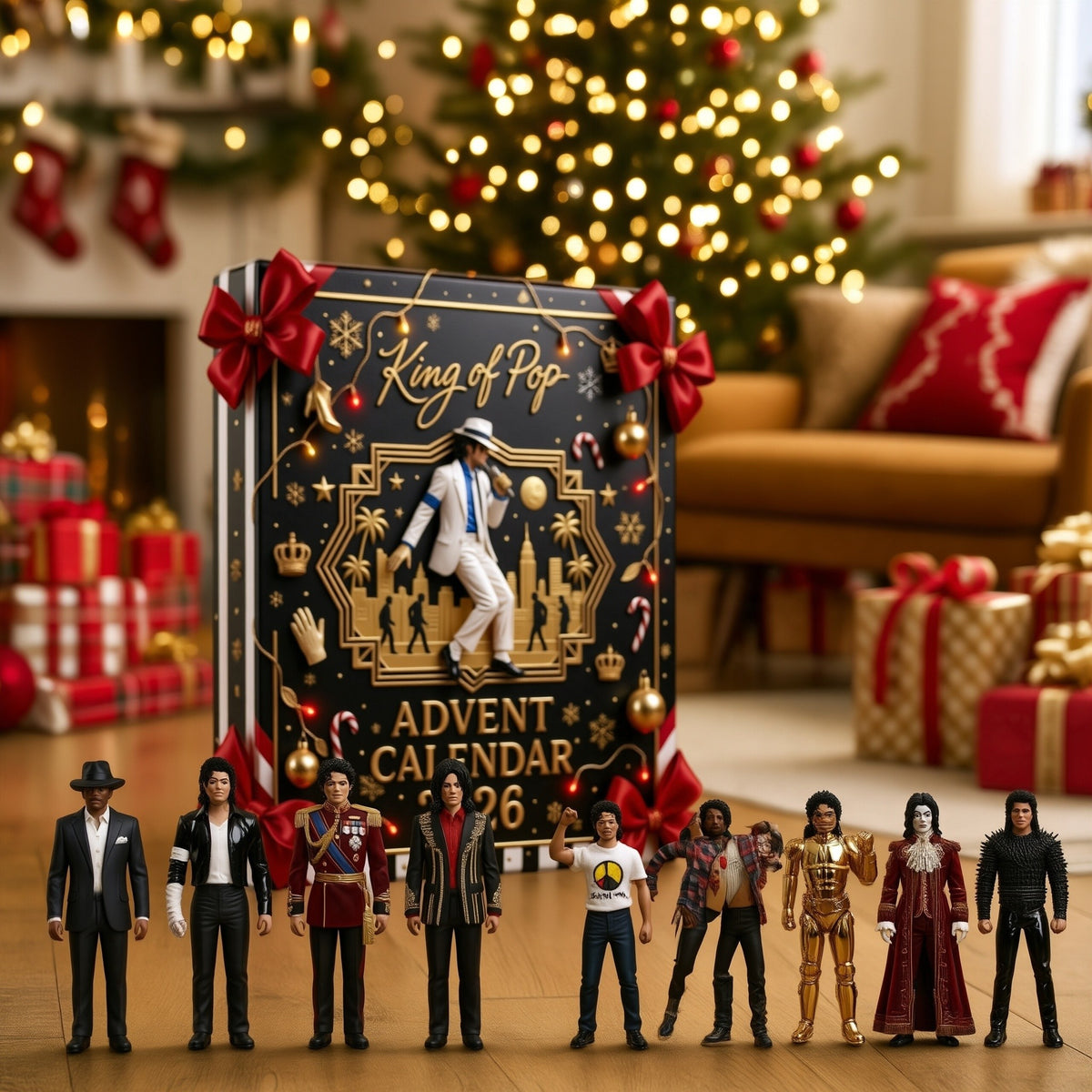 King of Pop Adventskalender 2026 im weihnachtlichen Wohnzimmer, davor die Acryl-Anhänger aufgereiht