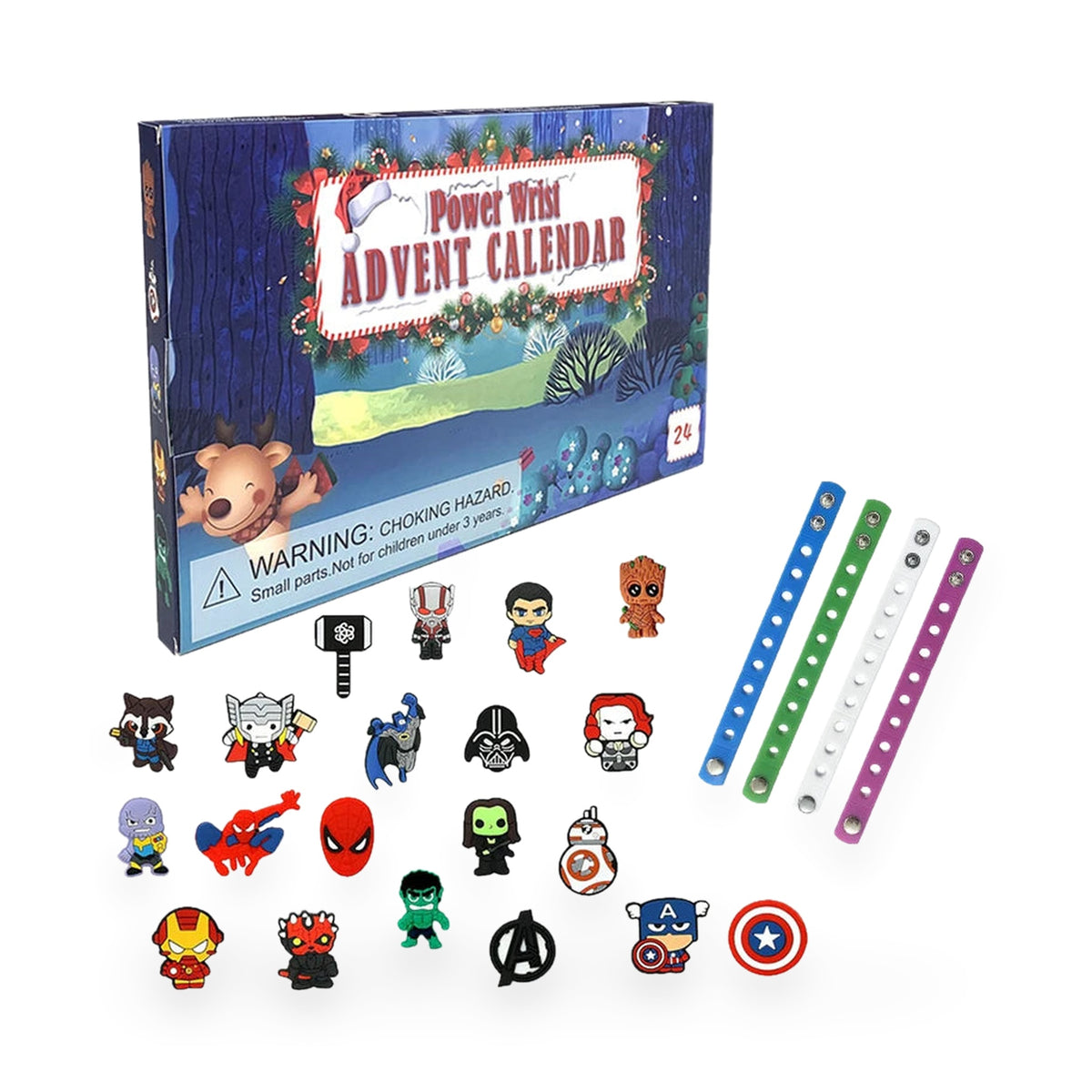 Superhelden Adventskalender Power Wrist mit vier Silikonarmbändern und 20 Helden-Charms zum Einstecken