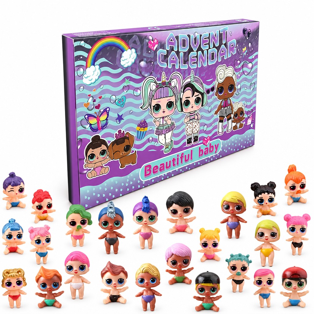 Puppen Adventskalender mit lila-türkiser Box „Beautiful baby“ und bunten Baby-Figuren davor