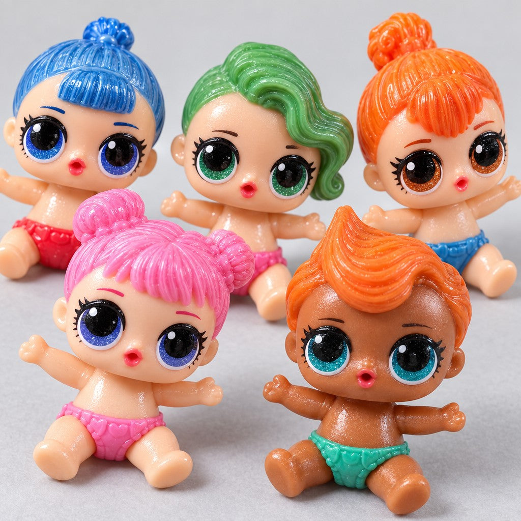 Nahaufnahme: Baby-Figuren mit grossen Glitzeraugen und Haaren in Blau, Grün, Orange und Rosa