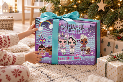Zwei Kinderhände halten die lila Puppen-Box mit türkisem Band vor dem Christbaum