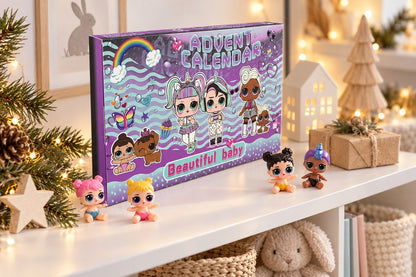 Puppen Adventskalender im Kinderzimmer-Regal, davor kleine Baby-Figuren mit bunten Haaren