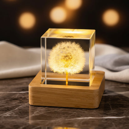 Pusteblume Deko im 5 cm Würfel aus klarem Kunstharz auf eckigem, flachem Holzsockel vor warmen Lichtpunkten
