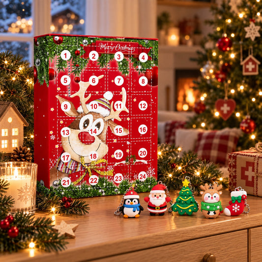 Schlüsselanhänger Adventskalender Elch auf der Kommode mit Lichterkette und Christbaum