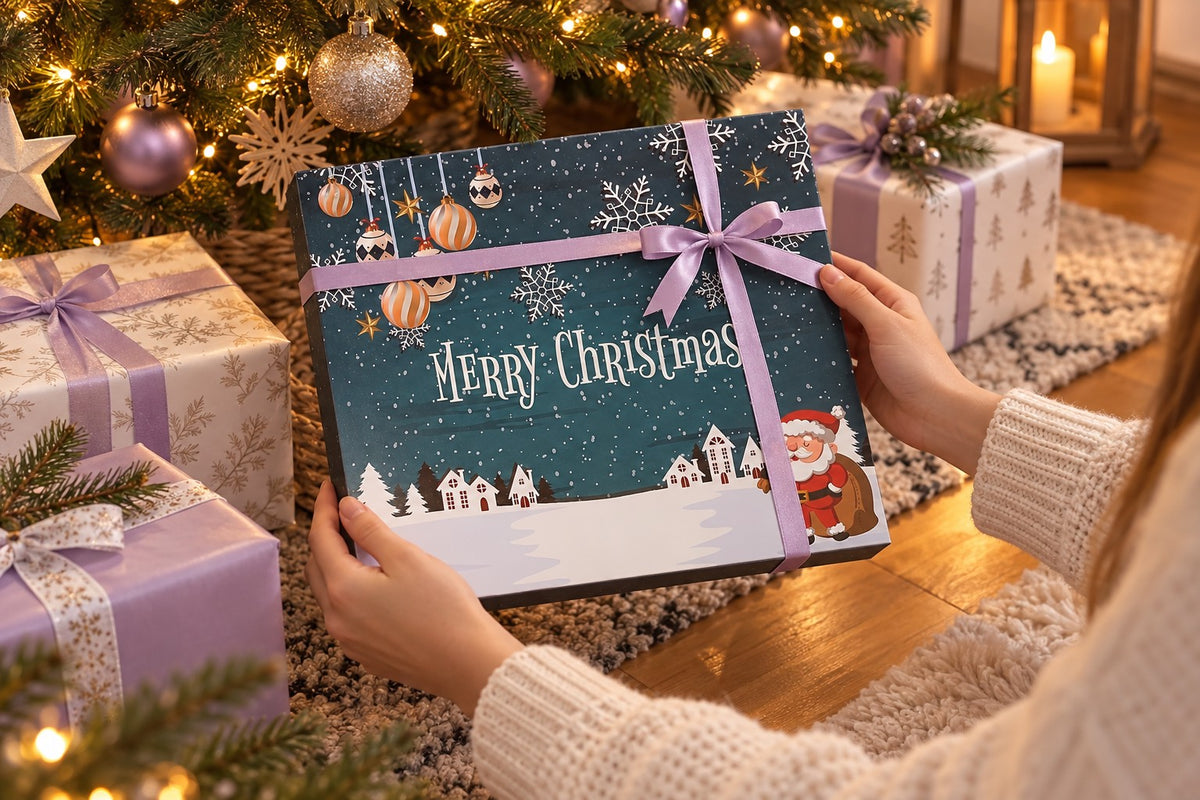 Hände halten die mit fliederfarbenem Band umwickelte Box vor lila verpackten Geschenken