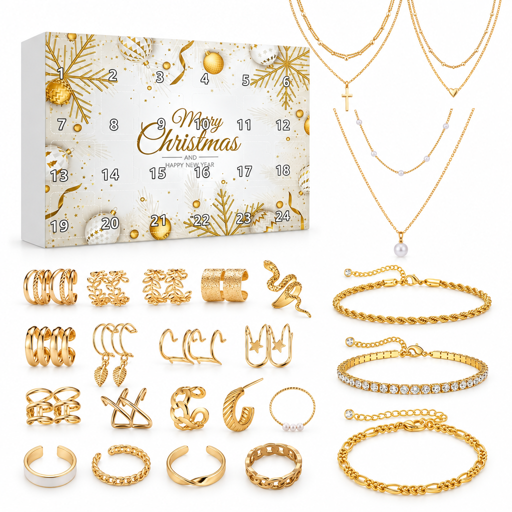 Schmuck Adventskalender Gold: weisse Querformat-Box mit Zahlen, daneben Layering-Ketten, drei Armbänder, Ear Cuffs und offene Ringe