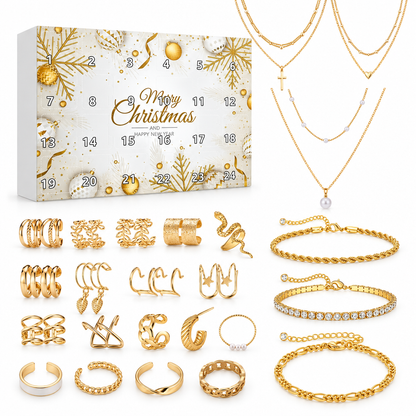 Schmuck Adventskalender Gold: weisse Querformat-Box mit Zahlen, daneben Layering-Ketten, drei Armbänder, Ear Cuffs und offene Ringe