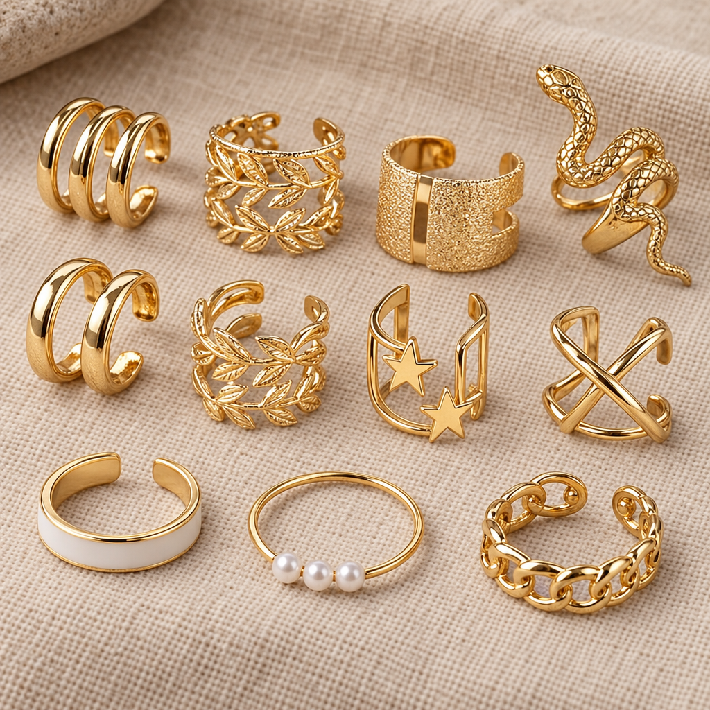 Goldene Ear Cuffs mit Blättern, Sternen und Schlange sowie Ringe mit weisser Emaille und drei Perlen auf Leinen