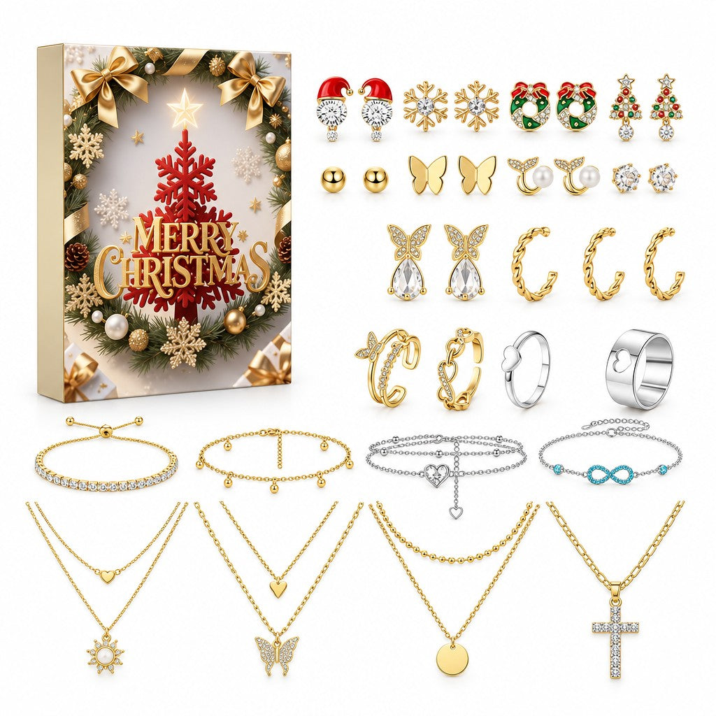 Adventskalender Ohrringe: weiss-goldene Box mit Kranz und rotem Baum, daneben Motiv-Ohrstecker, Ringe, vier Armbänder und vier Ketten