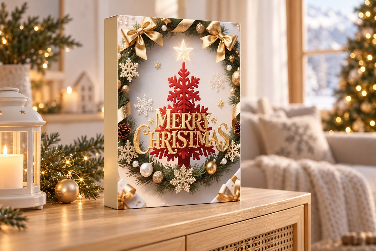 Kalender mit Weihnachtskranz auf einer Rattan-Kommode neben Laterne, im Hintergrund ein Sofa mit Strickdecke