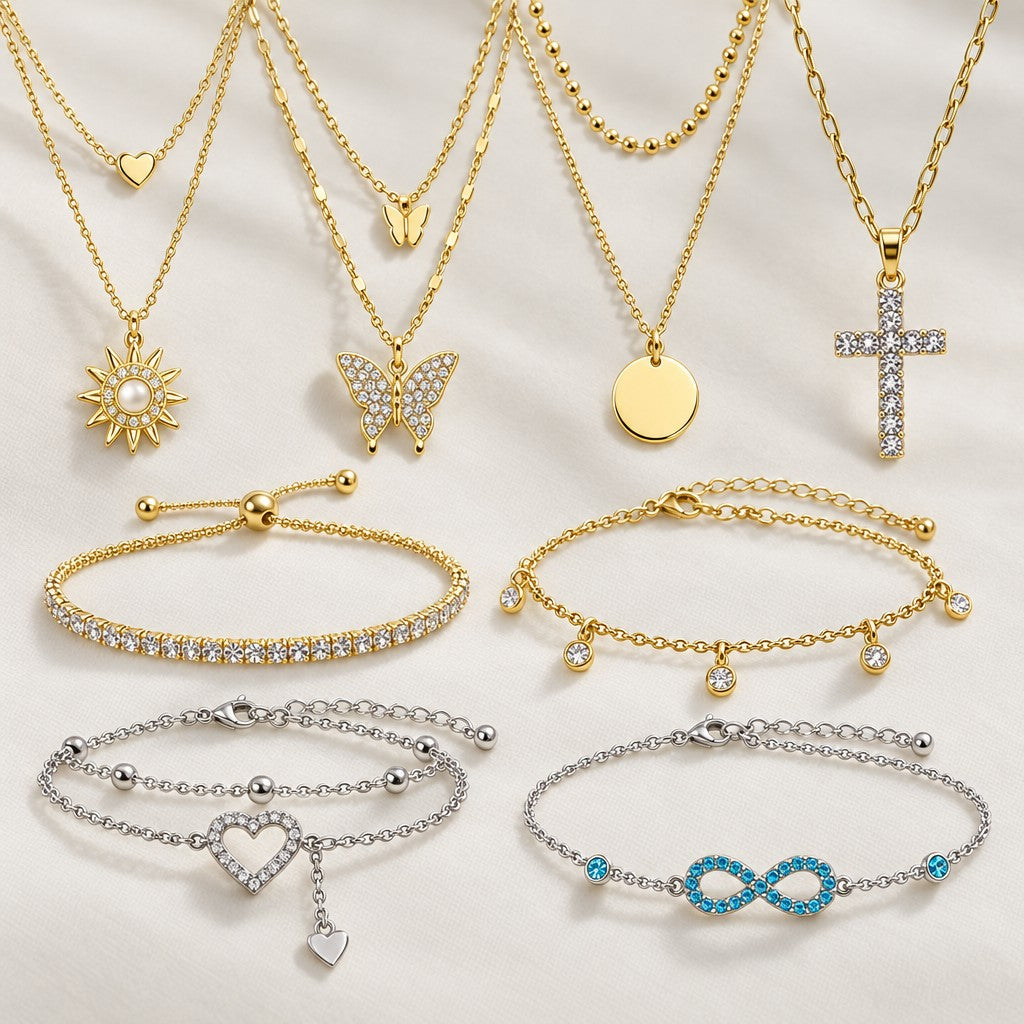 Vier Halsketten mit Sonne, Schmetterling, Plättchen und Strass-Kreuz über vier Armbändern in Gold und Silber