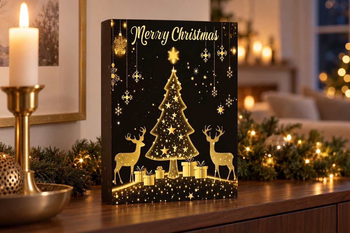 Schwarz-goldener Kalender auf dunklem Holz neben einem Messing-Kerzenständer mit brennender Kerze