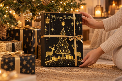 Hände stellen den schwarz-goldenen Rentier-Kalender neben dunkle Geschenkpakete mit Sternenmuster