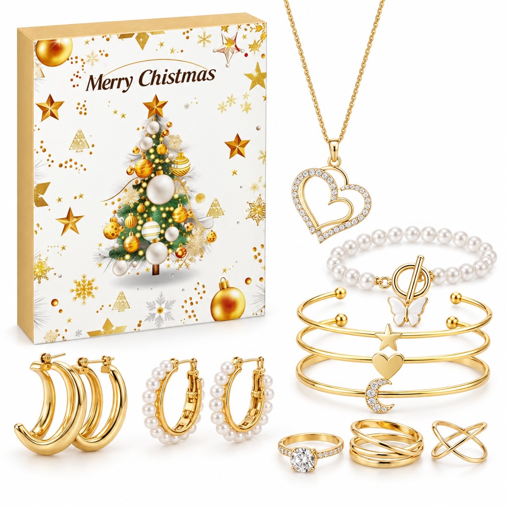 Schmuck Adventskalender Damen: weisse Box mit Tannenbaum, daneben Herzkette mit Strass, drei Armreifen, Perlen-Creolen und Ringe