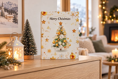 Weisse Kalenderbox mit geschmücktem Tannenbaum steht auf einer Eichen-Anrichte, dahinter Wohnzimmer mit Kamin