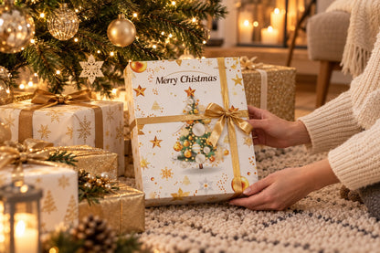 Frau schiebt den weiss-goldenen Kalender mit Goldband zwischen verpackte Geschenke vor dem Tannenbaum