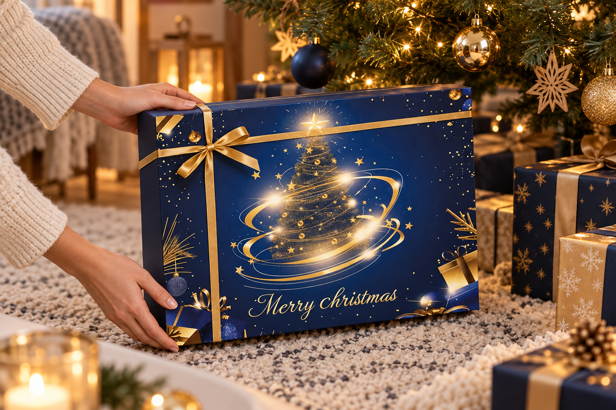 Hände platzieren den nachtblauen Kalender mit Goldschleife auf einem gemusterten Teppich vor dem Baum