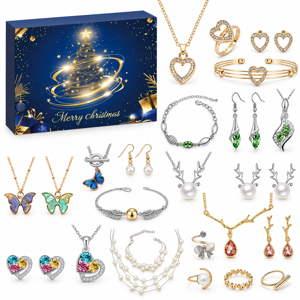 Adventskalender 2026 Frauen: nachtblaue Box mit goldenem Lichterbaum, daneben Herz-Set, grüne Kristall-Ohrhänger, Rentier-Kette und Ringe