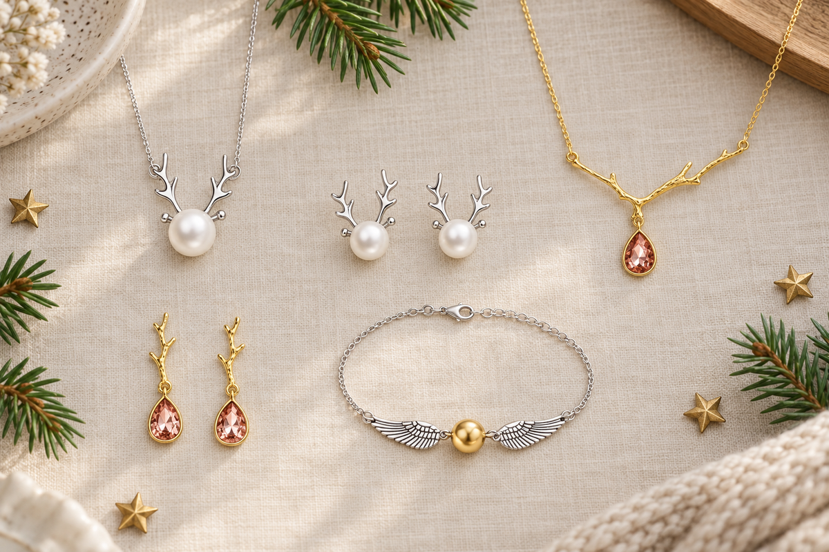 Silberne Rentier-Kette mit Perle und Stecker, goldene Geweih-Kette mit rosa Tropfen und Flügel-Armband auf Leinen