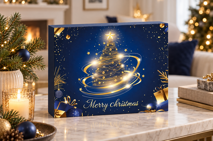 Querformatige Box mit Goldspiralen-Baum auf einem Marmortisch neben Kerze, Tannenzweigen und dunkelblauen Kugeln