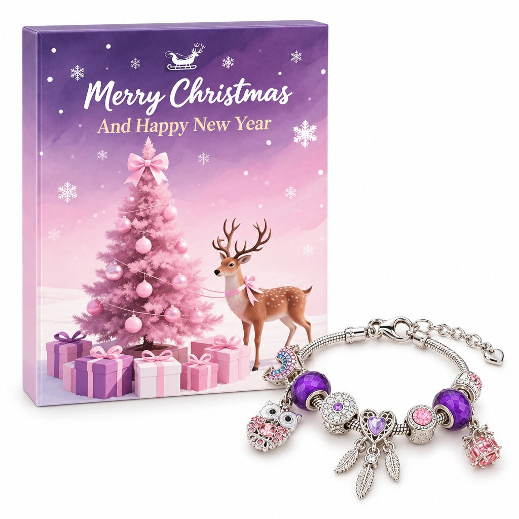 Adventskalender Schmuck basteln: lila-rosa Box mit Rentier und rosa Tanne, davor ein fertiges Armband mit Eule