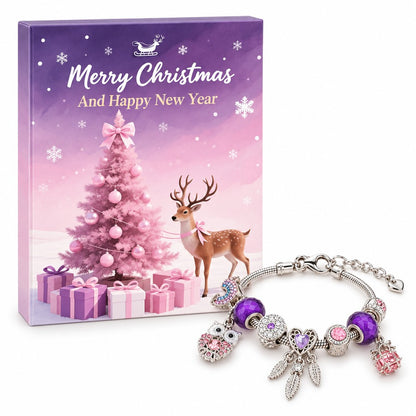 Adventskalender Schmuck basteln: lila-rosa Box mit Rentier und rosa Tanne, davor ein fertiges Armband mit Eule