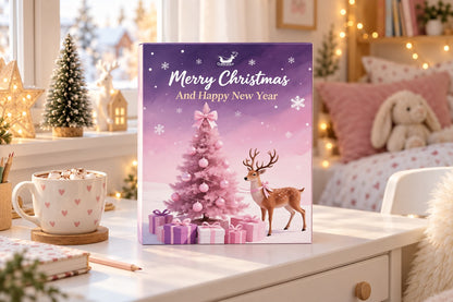 Lila-rosa Rentier-Kalender auf einem weissen Schreibtisch neben Herztasse und Plüschhase