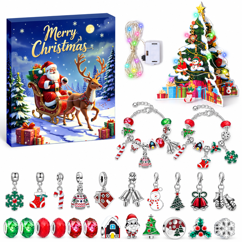 Kinderschmuck Adventskalender mit Rentierschlitten-Box, Lichterkette, Kartonbaum, zwei Armbändern und allen Anhängern