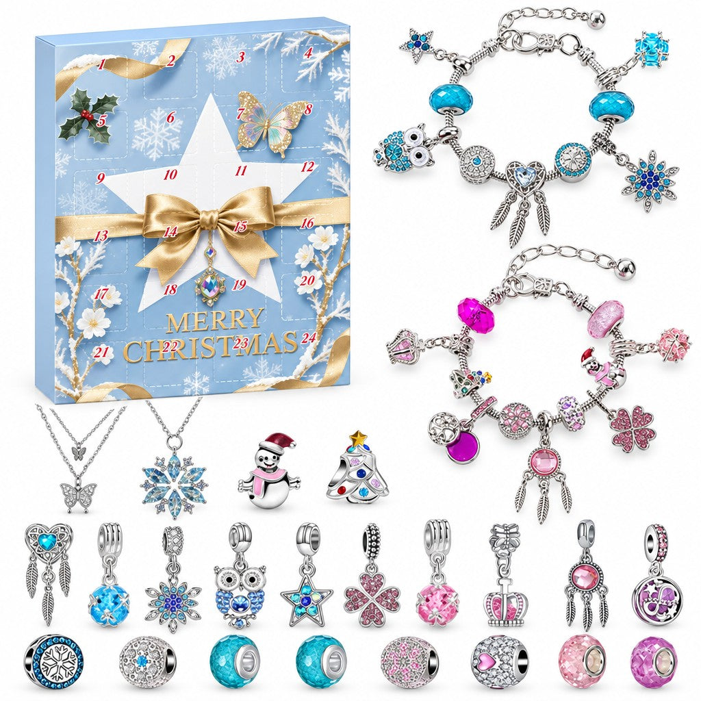 Schmuck Adventskalender Mädchen: hellblaue Box mit weissem Stern und goldener Schleife, davor Armbänder und Ketten
