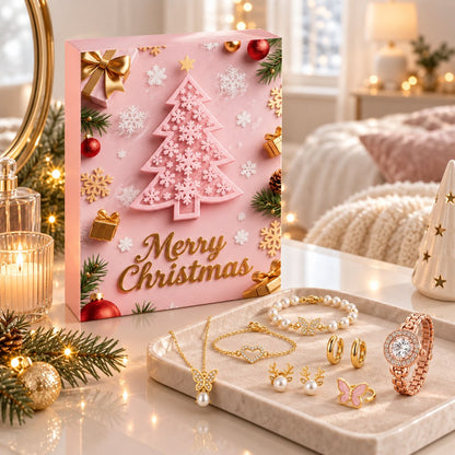Rosa Schmuck Adventskalender für Damen auf dem Schminktisch