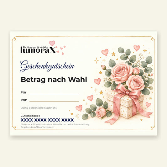 Geschenkgutschein von lumoraX mit Rosen und einem Geschenk mit rosa Schleife, Postkarte für Geburtstag und jeden Anlass