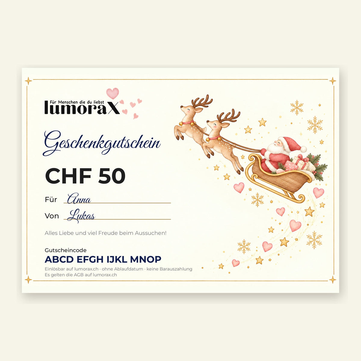Beispiel: ausgefüllter Geschenkgutschein Weihnachten mit Namen, Nachricht und Gutscheincode
