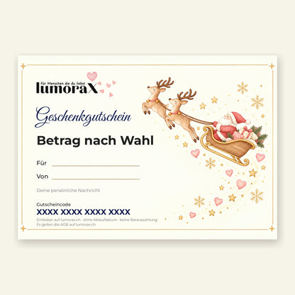 Geschenkgutschein Weihnachten von lumoraX: Weihnachtsmann im Schlitten mit zwei Rentieren, Herzen und Sternen als Postkarte