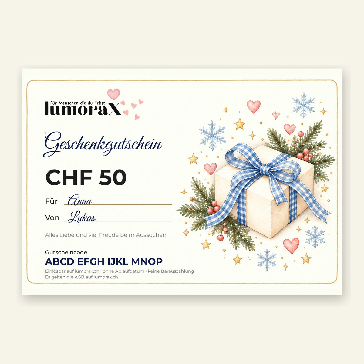 Beispiel: ausgefüllter Geschenkgutschein Winter mit Namen, Nachricht und Gutscheincode