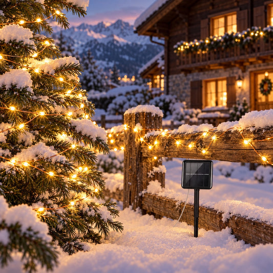 Solar Lichterkette Kupferdraht im verschneiten Garten zur Weihnachtszeit