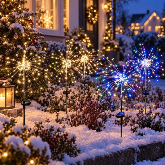 Solar Feuerwerkslicht im verschneiten Garten zur Weihnachtszeit
